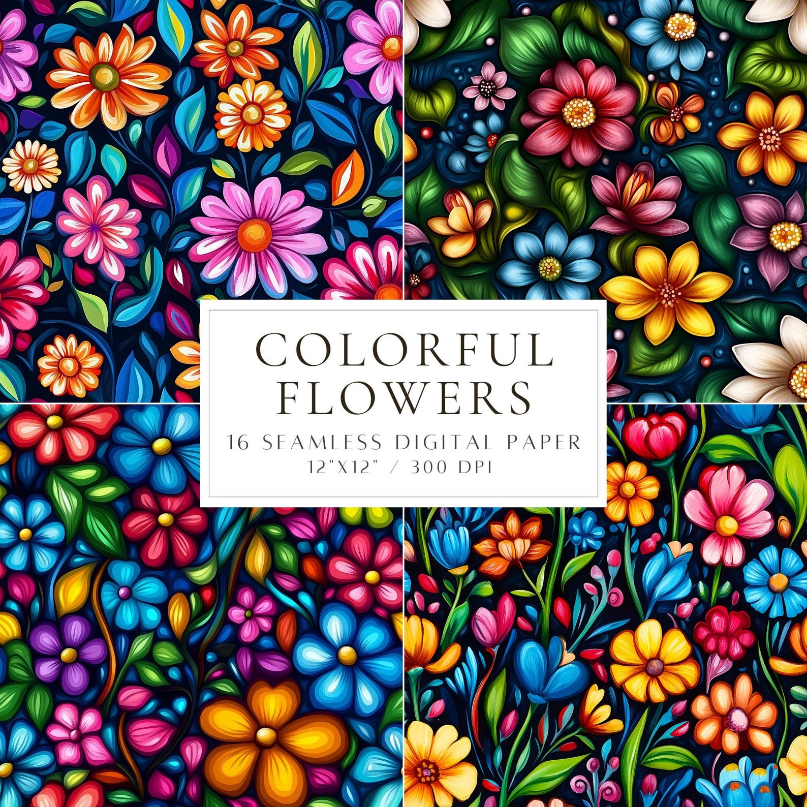 Colorful Flowers Seamless Digital Paper Vibrant Floral Design Pattern ...