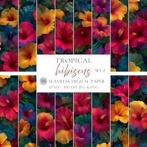 May include: A digital paper set featuring vibrant hibiscus flowers in shades of red, yellow, and purple, set against a backdrop of dark green leaves. The text reads "TROPICAL hibiscus SET 2" and "16 SEAMLESS DIGITAL PAPER 12"X12"/300 DPI/JPG & PNG."
