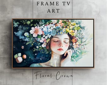 Retrato de mujer enmarcado para TV, arte mural de retrato caprichoso para marco de TV, arte floral para marco de TV Samsung, pintura botánica, arte mural digital