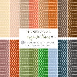 May include: A collection of 16 seamless digital papers with a honeycomb pattern in various organic tones. The papers are 12" x 12" and include JPG and PNG formats. The color palette includes shades of beige, orange, green, and blue.