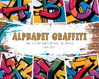 Graffiti Alphabet Clipart 26 Unique Letter Designs in Bold and Vibrant Colors with Graffiti Wall Background