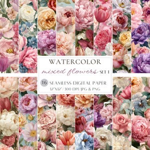 May include: A digital paper set featuring watercolor mixed flowers in various shades of pink, purple, and yellow. The design includes roses, peonies, and tulips. The text reads "WATERCOLOR mixed flowers SET 1" and "16 SEAMLESS DIGITAL PAPER 12"X12"/300 DPI/JPG & PNG".