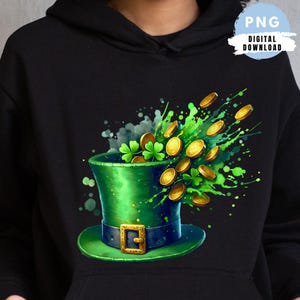 Design de camisa do dia de São Patrício Chapéu de duende em aquarela Folha de trevo Trevo Moedas de ouro PNG Lucky Irish Sublimação DTF Design