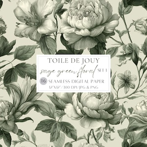 Floral Toile De Jouy Seamless Pattern Sage Green Floral Patterns Green Chinoiserie Digital Paper Scrapbook Paper Junk Journal Paper
