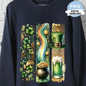 Design de chemise pour la Saint-Patrick Coup de pinceau aquarelle PNG Trèfle à quatre feuilles Trèfle pot de pièces d'or arc-en-ciel Sublimation DTF Design