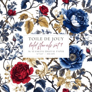 Papel digital Toile de Jouy con estampado floral moderno sin costuras, papel de regalo Toile francés, patrones chinoiserie rojos, flores de colores