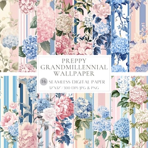 Puede incluir: Una colección de 16 papeles digitales sin costuras con diseños florales y a rayas. Los diseños presentan hortensias, peonías y otras flores en tonos rosa, azul y blanco. El texto dice "PREPPY GRANDMILLENNIAL WALLPAPER" y "12"x12"/300 DPI/JPG & PNG."