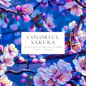 Papel digital com flores de cerejeira, flores de sakura, padrão sem emendas, papel para impressão de primavera, padrões florais de cores vibrantes, papel para scrapbook