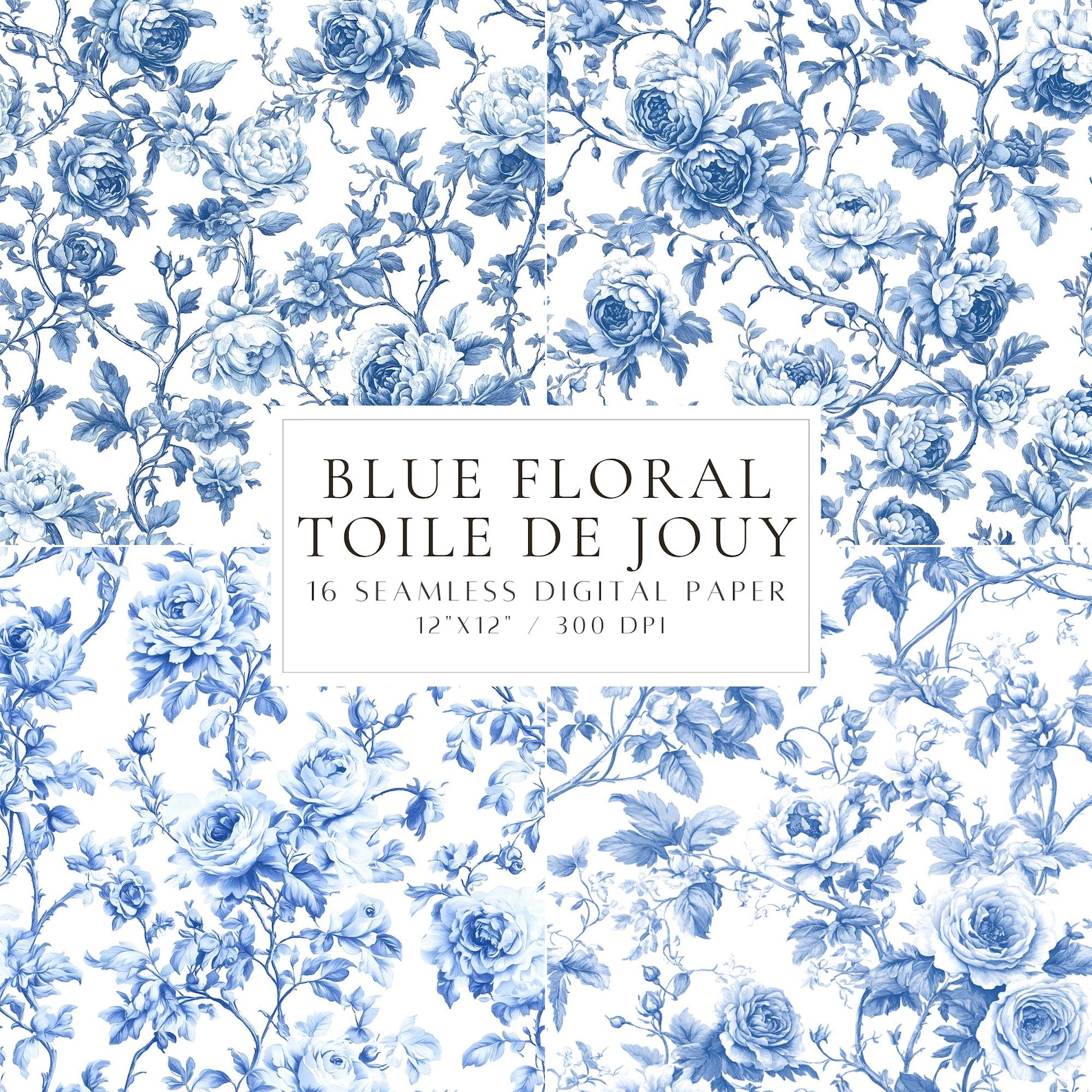 Blue Toile De Jouy Seamless Pattern French Toile Vintage Floral Pattern ...