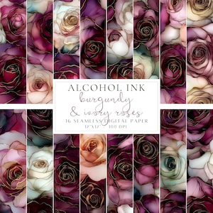 May include: 16 digital paper designs featuring burgundy and ivory roses with gold accents. The papers are 12 inches by 12 inches and 300 DPI.