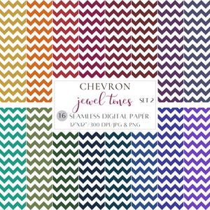 May include: A collection of 16 seamless digital papers with chevron patterns in jewel tones. The papers are 12" x 12" and come in JPG and PNG formats. The image includes text that reads "CHEVRON jewel tones SET 2".