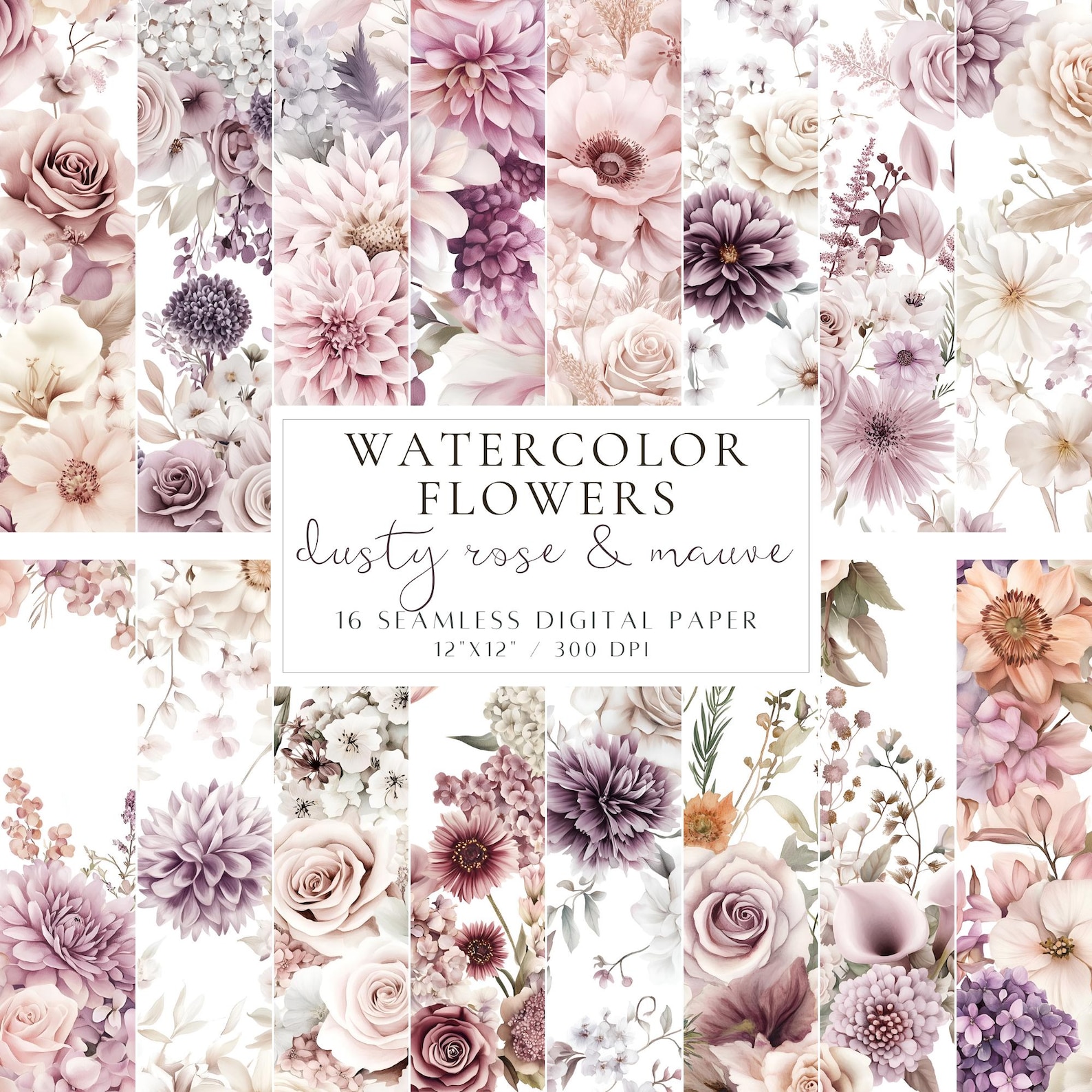 Watercolor Flower Digital Paper Dusty Rose Floral Seamless Pattern ...