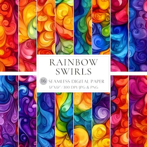 May include: A collection of 16 seamless digital papers featuring vibrant rainbow swirls. Each design showcases a unique pattern of flowing, colorful lines in shades of red, orange, yellow, green, blue, and purple. The papers are 12" x 12" in size.