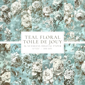 Può includere: Carta digitale floreale toile de jouy blu-verde con un motivo floreale bianco e marrone. 16 carte digitali senza cuciture, 30,5 cm x 30,5 cm, 300 DPI.