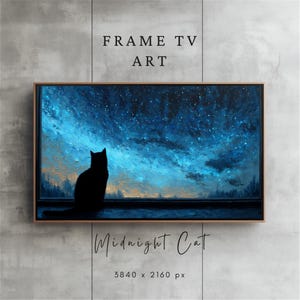 May include: A framed digital art piece titled "Midnight Cat" with a black cat silhouette gazing at a starry night sky. The artwork features a blue and gold color palette and is designed for a Frame TV. The image resolution is 3840 x 2160 px.