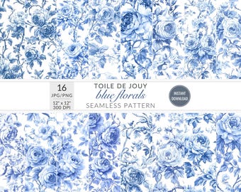 Niebieski Toile De Jouy Bezszwowy Wzór Francuski Toile Vintage Kwiatowy Wzór Śmieci Papier Dziennikowy Chinoiserie Wzory Papier Cyfrowy Kwiatowy Wzór