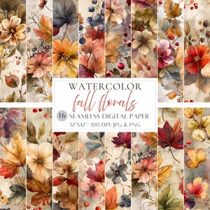 Pode incluir: Uma coleção de 16 papéis digitais sem costura com designs florais de outono em aquarela. Os papéis apresentam folhas de outono, flores e bagas em tons de laranja, vermelho e castanho. Cada papel mede 30,48 cm x 30,48 cm.