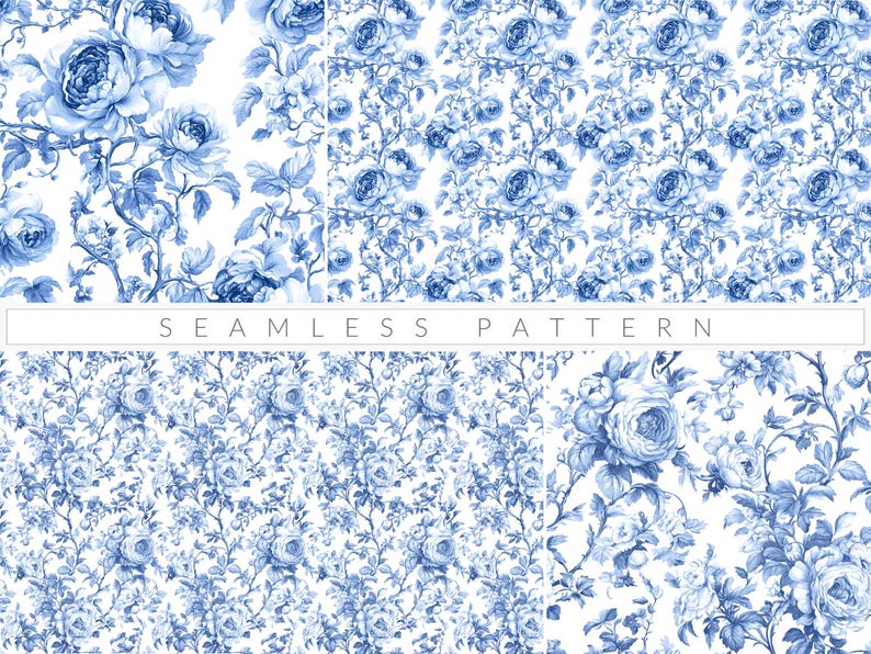 Blue Toile De Jouy Seamless Pattern French Toile Vintage Floral Pattern ...