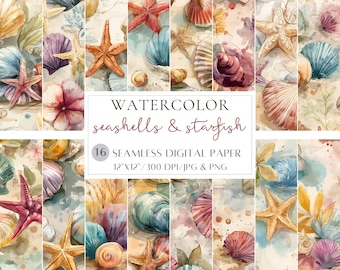 Watercolor Seamless Pattern Seashells and Starfish Seamless Digital Paper Digital Beach Background for Scrapbooking Coastal Decor POD