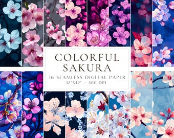 Cherry Blossoms Digital Paper Sakura Blossoms Seamless Pattern Spring Printable Paper Vibrant Colored Floral Patterns Scrapbook Paper