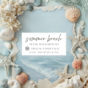 Beach Digital Paper Summer Background Seashell Starfish Frame Background Coastal Theme Scrapbook Paper Summer Beach Invitation Background