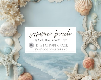 Beach Digital Paper Summer Background Seashell Starfish Frame Background Coastal Theme Scrapbook Paper Summer Beach Invitation Background