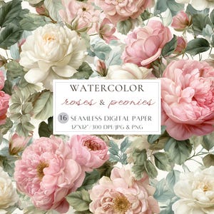 Floral Seamless Pattern Roses and Peonies Digital Paper Pack Watercolor Floral Pattern Digital Paper Scrapbook Paper Junk Journal Pages