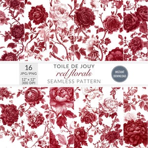 Patrones de chinoiserie roja, patrón sin costuras de Toile de Jouy francés, patrones florales vintage, papel digital, papel para álbumes de recortes, papel para diario basura