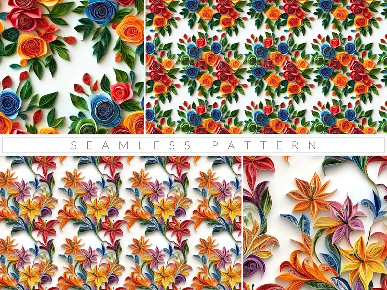 Quilled Flower Seamless Digital Paper Pack Colorful Paper Quilling ...