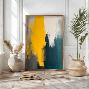 Impresión de arte abstracto minimalista en amarillo mostaza, verde azulado y gris. Arte de pared digital imprimible moderno para la decoración de paredes del hogar.