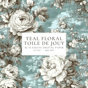 Groenblauw toile de jouy gelast patroon vintage bloemenpatroon digitaal papier Franse toile plakboek chinoiseriepatronen ongewenste tijdschriftpapier