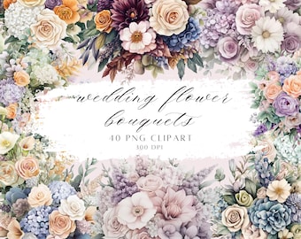 Clipart di fiori ad acquerello, bouquet di fiori per matrimonio, clipart floreale PNG trasparente, motivi di fiori colorati per matrimoni, clipart per inviti di matrimonio