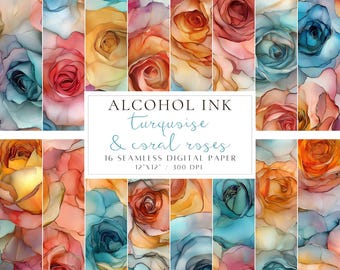 Alcohol Ink Seamless Pattern Turquoise and Coral Roses Scrapbook Paper Alcohol Ink Flowers Digital Paper Floral Pattern Sublimation Designs