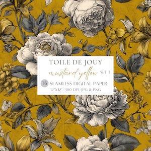 Floral Toile de Jouy Seamless Pattern Mustard Yellow Floral Digital Paper Vintage Botanical Background Peonies Roses and Wildflowers Pattern