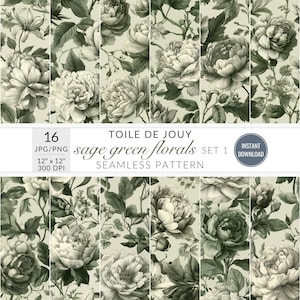 セージグリーンの花柄トワル・ド・ジュイ シームレスパターン バンドル フレンチヴィンテージ ボタニカル デジタルペーパー シノワズリ スクラップブック ファブリックデザインセット