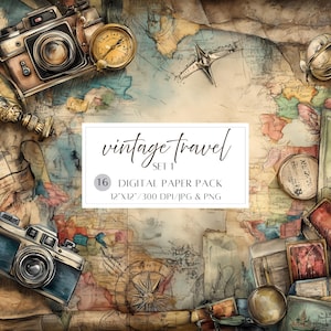Pode incluir: Pacote de papel digital temático de viagens vintage com 16 papéis. Os papéis apresentam um mapa mundial, uma bússola, uma câmera e outros itens relacionados a viagens. Os papéis medem 30,5 cm por 30,5 cm e 300 DPI.