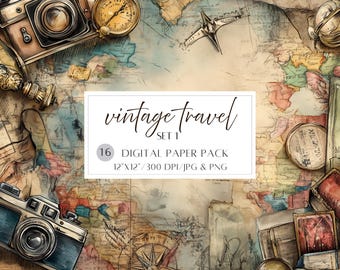 May include: Vintage travel themed digital paper pack with 16 papers. The papers feature a world map, compass, camera, and other travel-related items. The papers are 30.5 cm by 30.5 cm and 300 DPI.