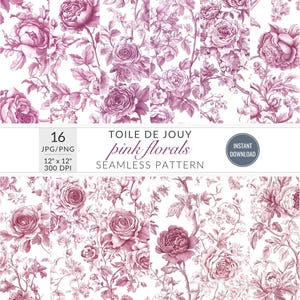 Pink Toile De Jouy Seamless Pattern Chinoiserie Patterns Digital Paper Vintage Floral Patterns Digital Paper French Toile Scrapbook Paper
