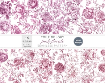Pink Toile De Jouy Seamless Pattern Chinoiserie Patterns Digital Paper Vintage Floral Patterns Digital Paper French Toile Scrapbook Paper