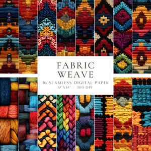 Könnte beinhalten: Ein digitales Papierpaket mit 16 nahtlosen Mustern mit farbenfrohen gewebten Stoffdesigns. Die Muster sind 12x12 Zoll groß und haben 300 DPI. Der Text "FABRIC WEAVE" wird in einem weißen Kasten angezeigt.