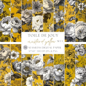 Puede incluir: Conjunto de papel digital amarillo mostaza con patrones florales Toile de Jouy. El conjunto incluye 16 papeles digitales sin costuras, cada uno de 30,48 cm x 30,48 cm, en formatos JPG y PNG. El diseño incluye elementos florales en blanco y negro.