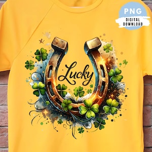 May include: A gold horseshoe with a watercolor background of green shamrocks and the word "Lucky" in black cursive lettering.