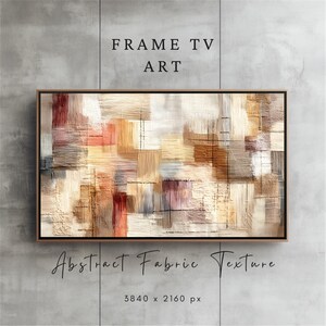 Pode incluir: Uma obra de arte emoldurada para uma Frame TV, com um design de textura de tecido abstrato. A obra exibe um patchwork de cores neutras, incluindo bege, marrom e vermelho, com o texto "FRAME TV ART" e "Abstract Fabric Texture".