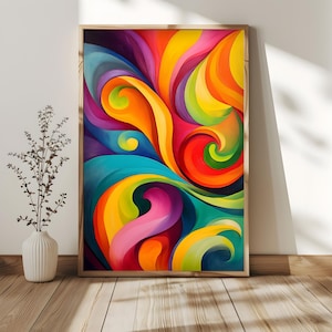 May include: Abstract painting with swirling shapes in vibrant colors, including yellow, orange, red, green, blue, and purple. The painting is framed in a wooden frame.