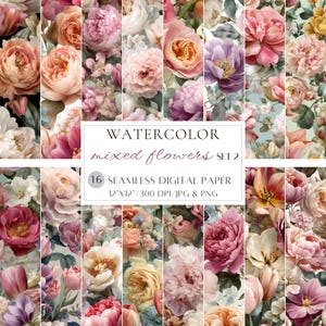 May include: A digital paper set featuring watercolor mixed flowers in various colors, including pink, peach, and purple. The set includes 16 seamless digital papers, each 12" x 12" at 300 DPI in JPG and PNG formats. The image displays a collage of floral patterns.