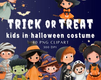 Könnte beinhalten: Digitale Illustration mit Kindern in Halloween-Kostümen. Das Bild zeigt eine Hexe, eine Mumie, Frankensteins Monster, ein Skelett, einen Geist und ein Kind als Kürbis verkleidet. Der Text lautet "TRICK OR TREAT kids in halloween costume".