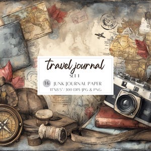 Può includere: Un collage a tema vintage con una fotocamera, una bussola, mappe e un diario di viaggio. L'immagine include il testo "travel journal" e "16 junk journal paper 27.9cm x 21.6cm/300 DPI/JPG & PNG". La tavolozza dei colori è attenuata con toni seppia.