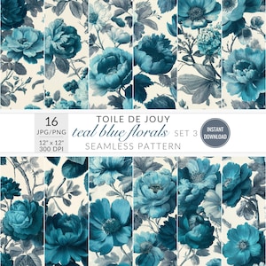 Tiefes Teal Toile de Jouy Nahtlos Digitales Papier Französisches Vintage Blumenmuster Dramatisches Blau Toile Scrapbook Papier Hochzeitspapier Design