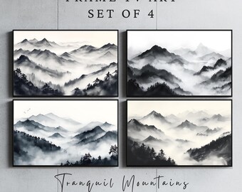 May include: Set of four black and white framed prints depicting a misty mountain landscape. The prints are titled "Tranquil Mountains" and measure 3840 x 2160 pixels.