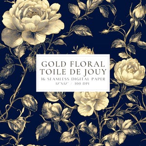 Toile De Jouy Seamless Pattern Gold Vintage Floral Pattern Scrapbook Paper French Toile Digital Paper Chinoiserie Patterns Wrapping Paper